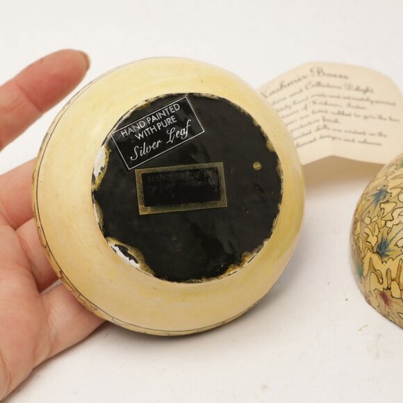 Kashmir Handmade Papier Mâchée Trinket Jewelry Box Jar Silver Leaf Yellow Black - Picture 2 of 9